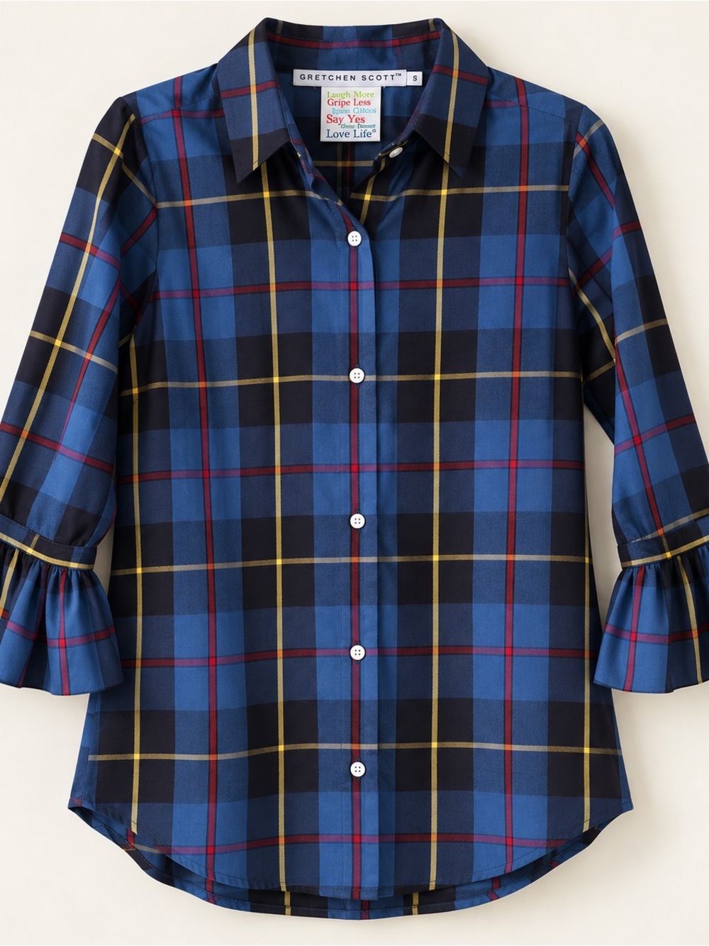 Gretchen Scott Priss Blouse Plaidly Cooper Blue Plaid Ruffle Sleeve S NWT